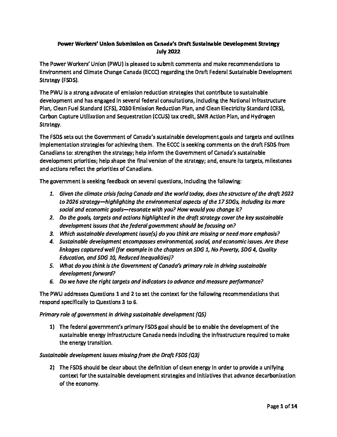 pwusustainabledevelopmentsubmissionjuly2022 Power Workers' Union